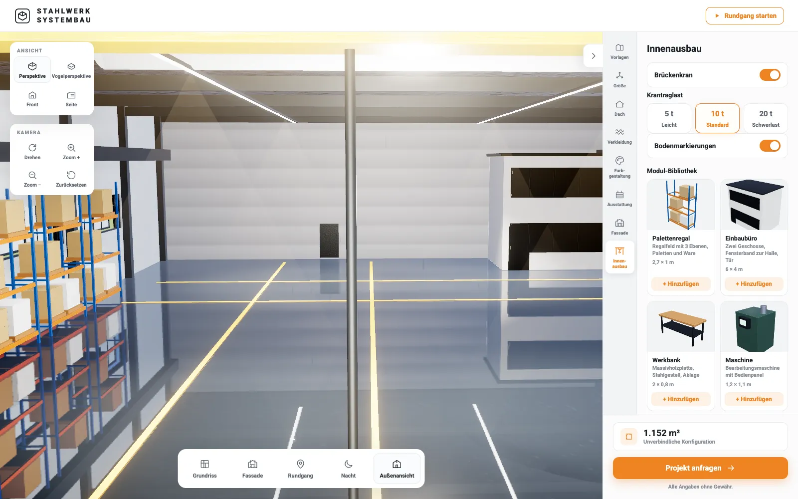 Innenansicht einer Produktionshalle im 3D-Konfigurator mit Regalen, Bürocontainer und Lichtband