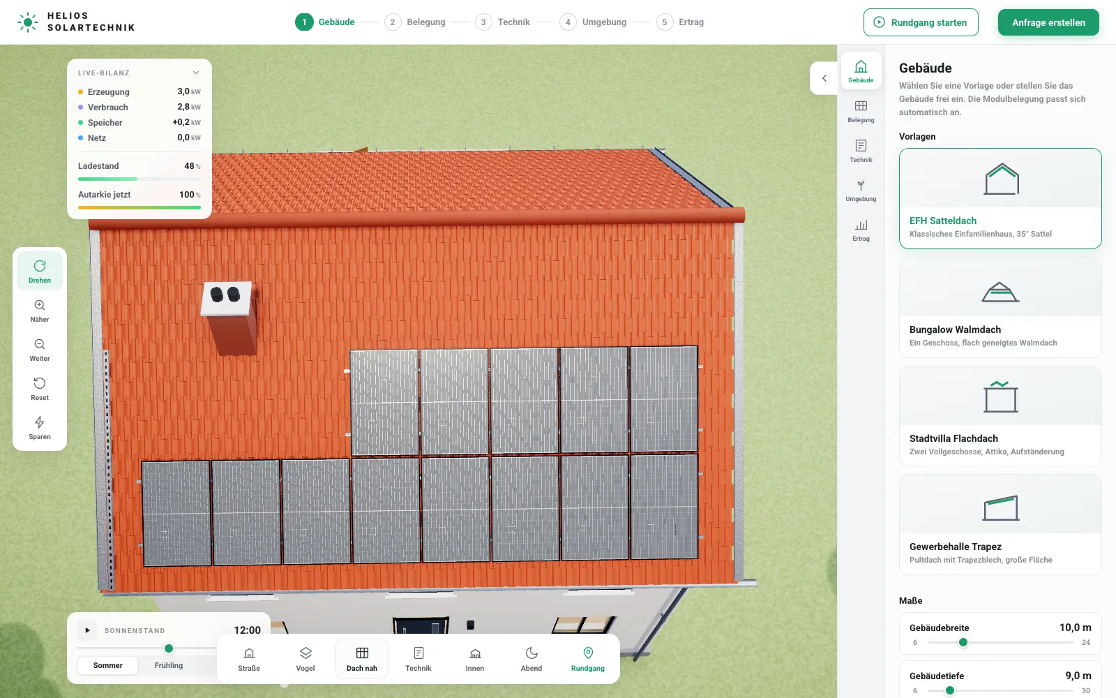 Solaranlagen-Konfigurator: automatisch belegtes Satteldach mit Live-Bilanz für Erzeugung, Speicher und Netz