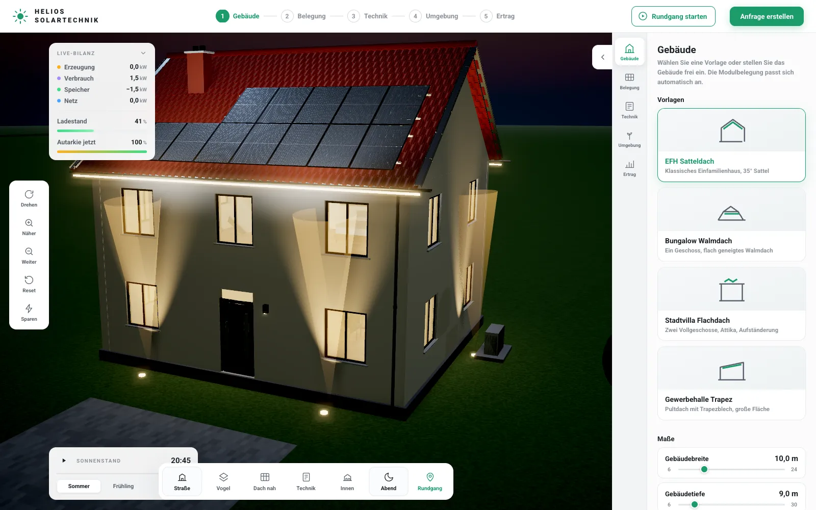 Einfamilienhaus mit Photovoltaik-Anlage im 3D-Konfigurator bei Abendlicht