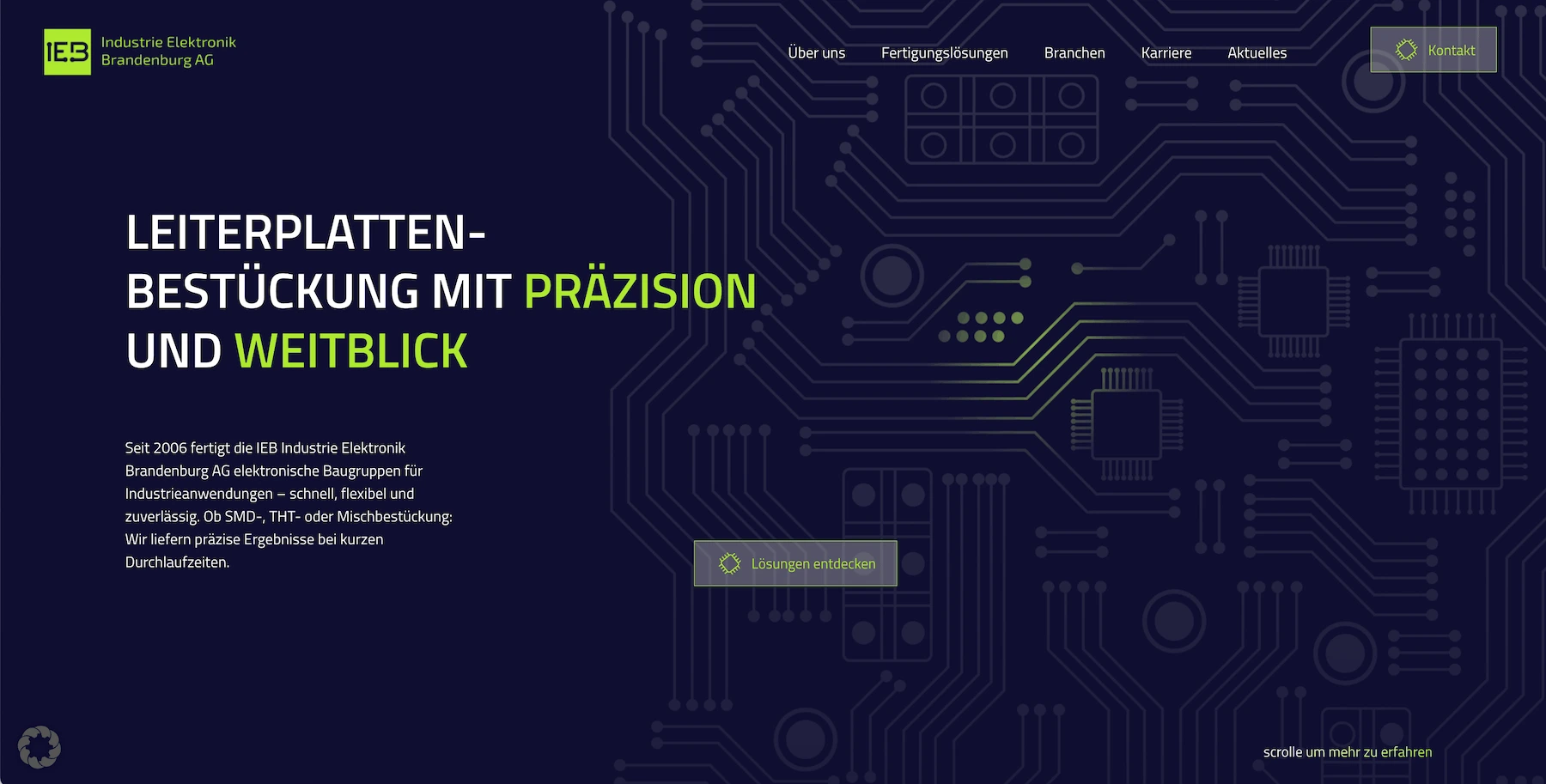 Website IEB Industrie Elektronik — Technischer Auftritt für Leiterplattenbestückung mit klarer Struktur für die Industrie.