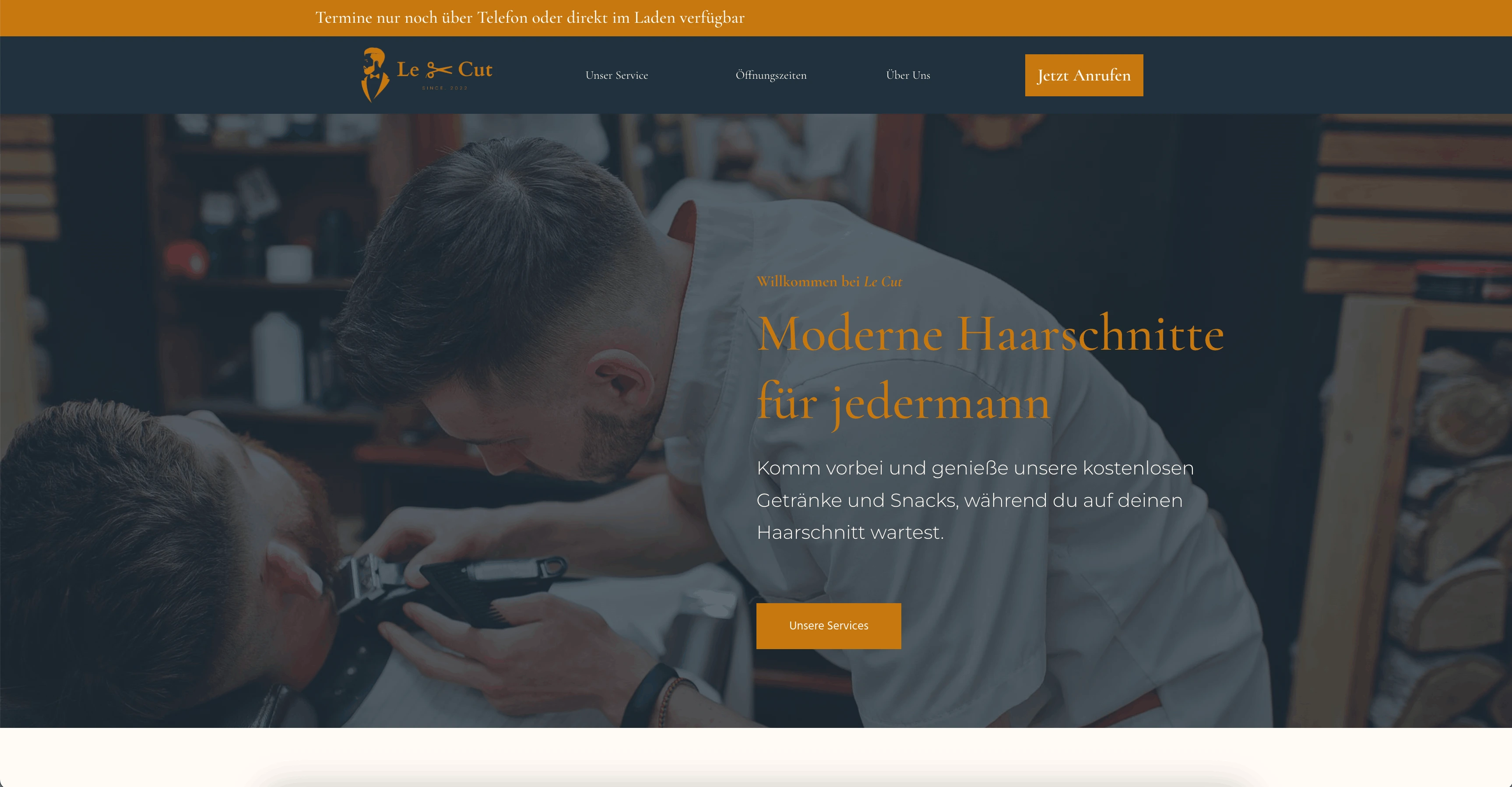 Website Le Cut — Auftritt für einen Barbershop — dunkle Eleganz, goldene Akzente, klare Terminwege.
