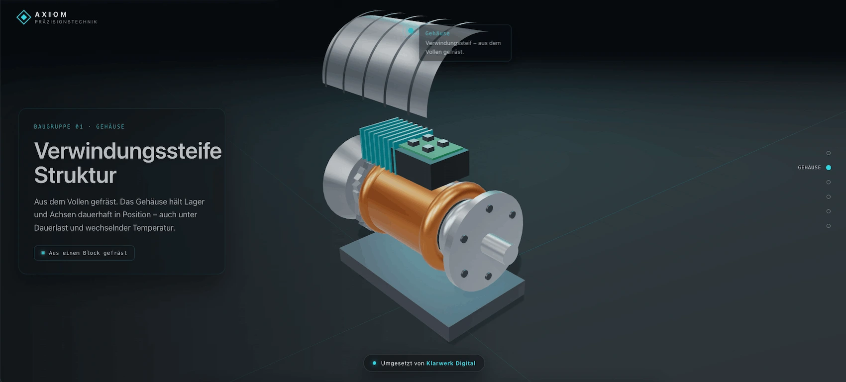 AXIOM Maschinenbau — interaktive 3D-Explosionsansicht einer Antriebseinheit mit Three.js