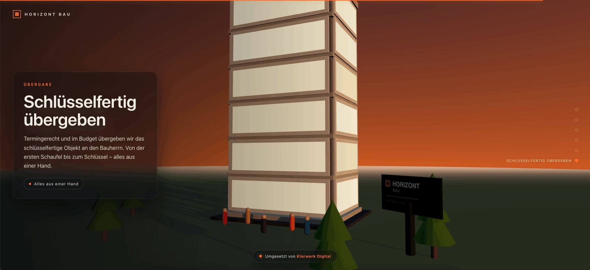 Horizont Bau — scrollgesteuerter 3D-Bauablauf mit Three.js in WordPress